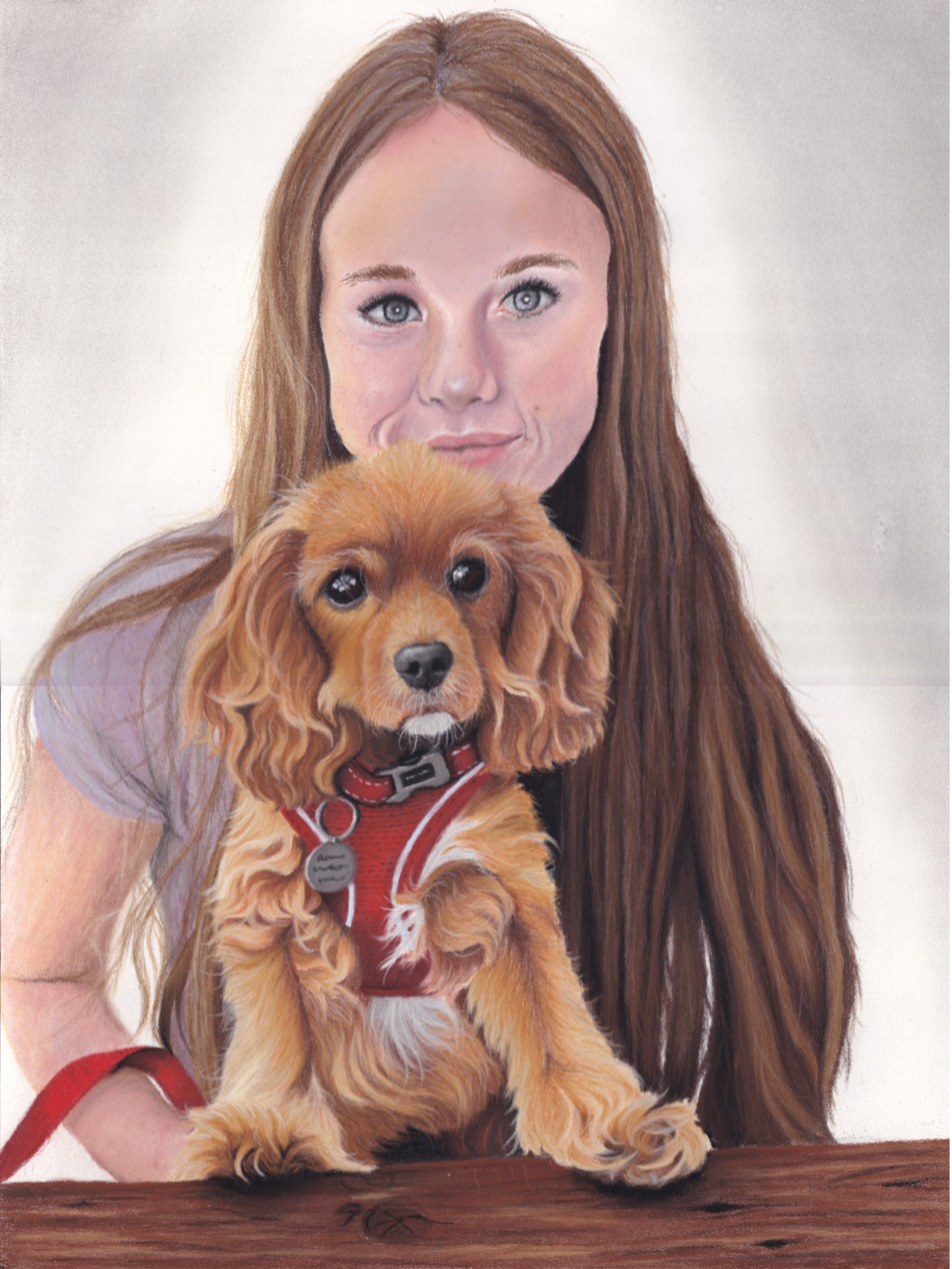 Pastel drawing of a girl with long brown hair holding Cavalier King Charles Spaniel puppy sitting at a wooden bench