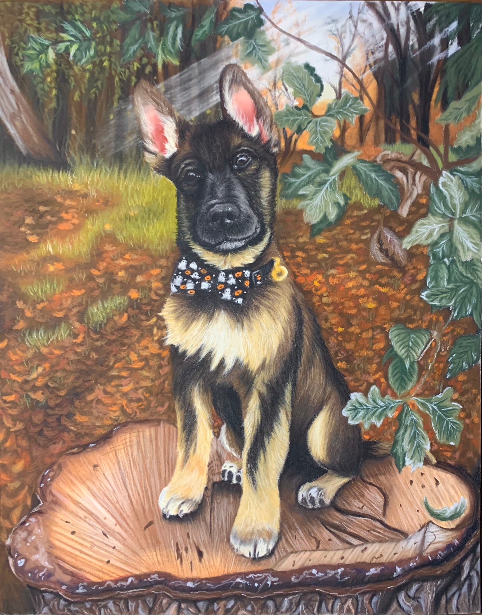 Drawing of German shepherd sitting on a tree stump with forestry background