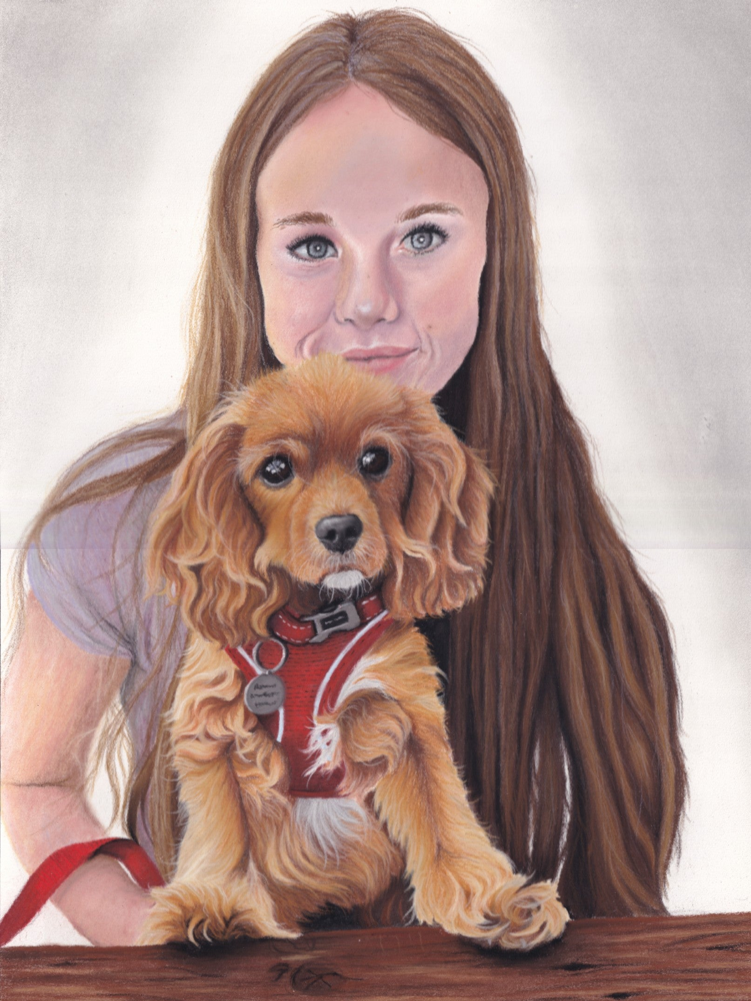 Pastel portrait drawing of girl with long brown hair and Cavalier King Charles Spaniel puppy sitting on a wooden bench