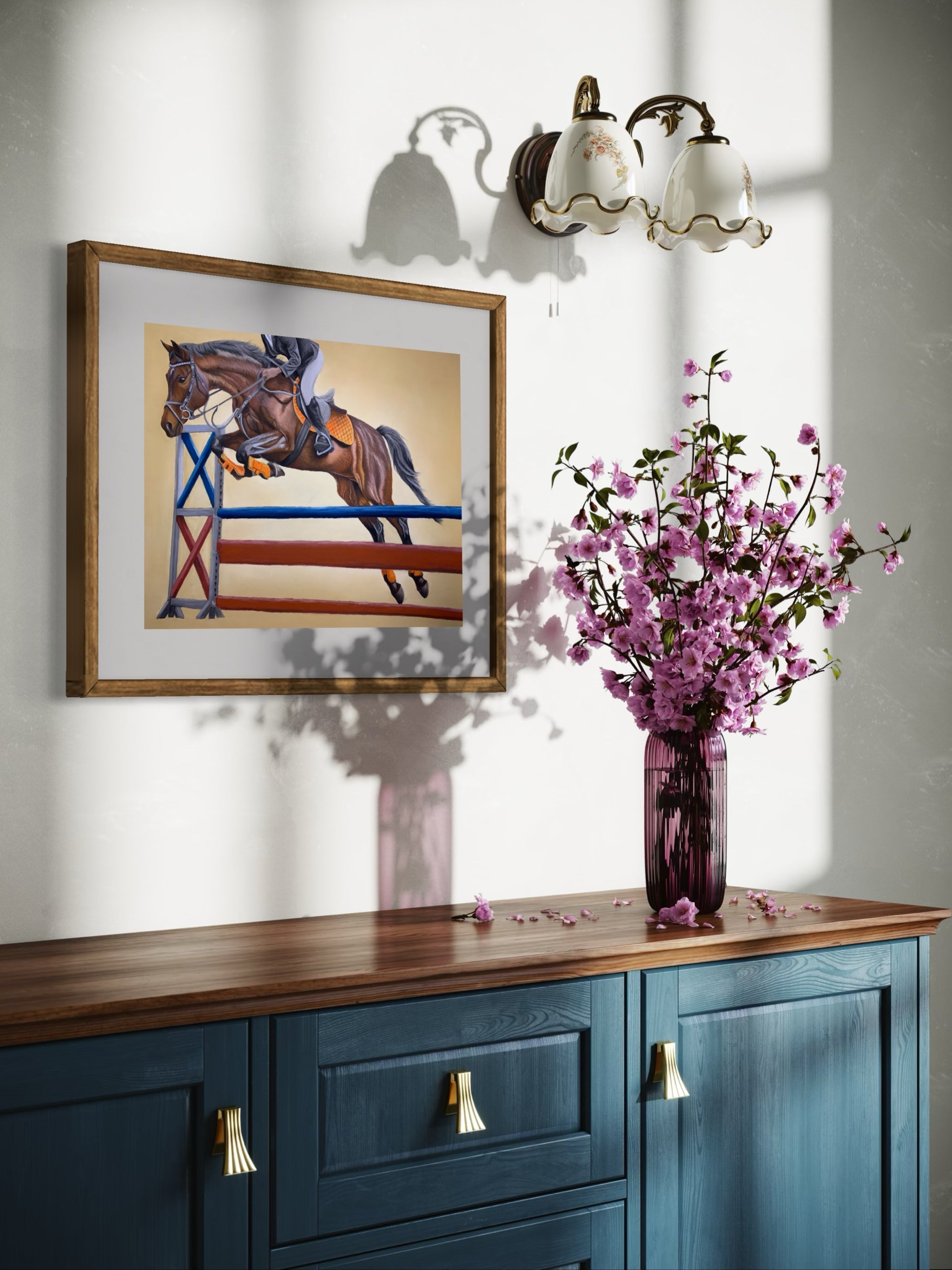 Framed show jumping equestrian art print