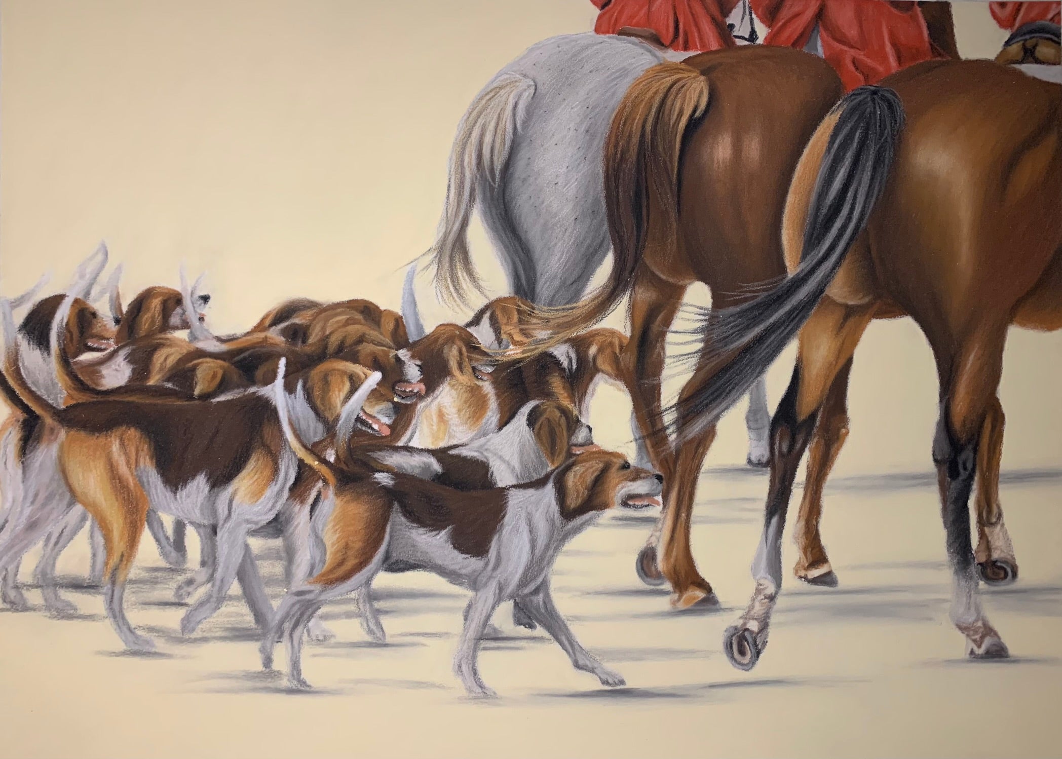 Pastel painting of horses and hounds in a traditional hunting scene