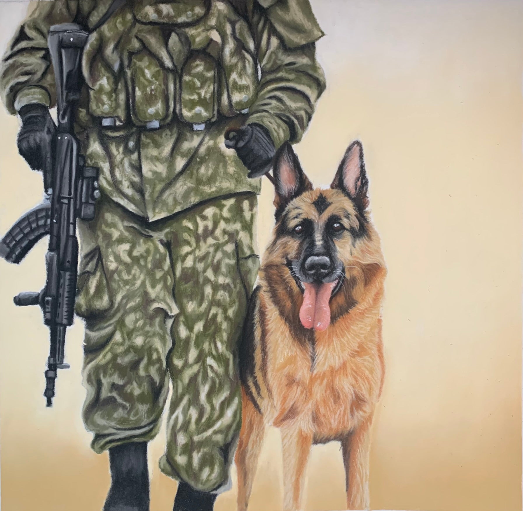 Pastel drawing of a soldier in camouflage uniform with a rifle standing next to a German Shepherd dog on a beige background.