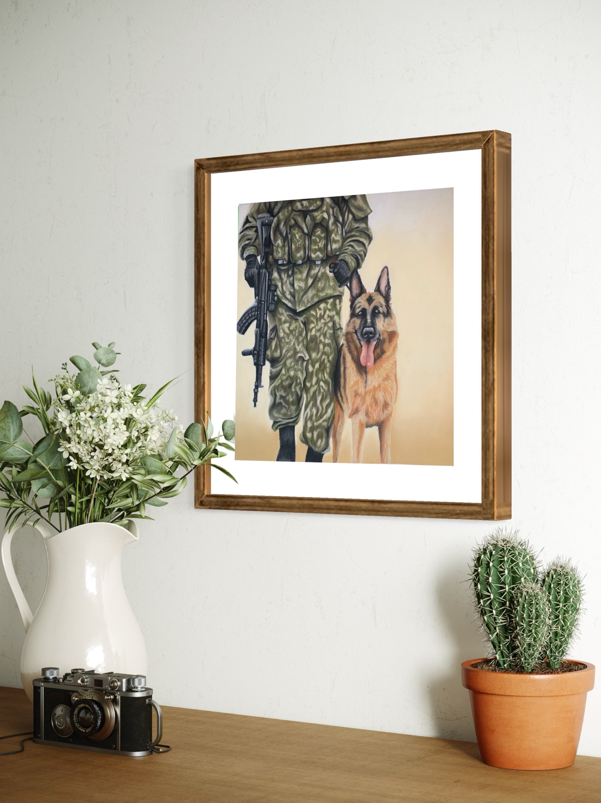 Framed art print of soldier and german shepherd dog