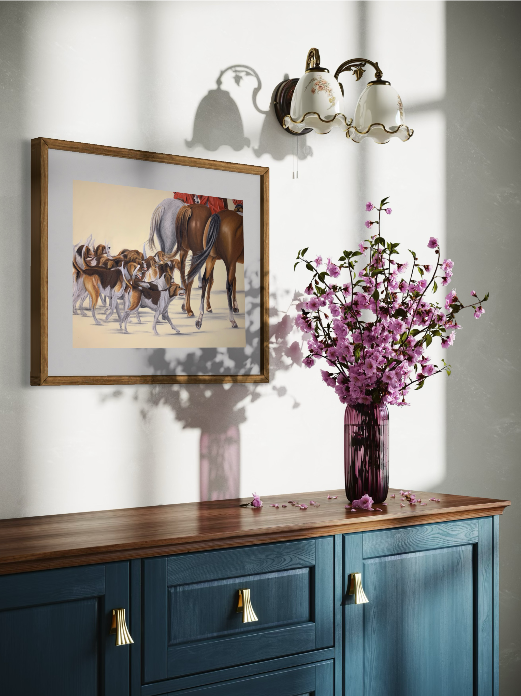 Framed art print of horse and hounds traditional hunt scene