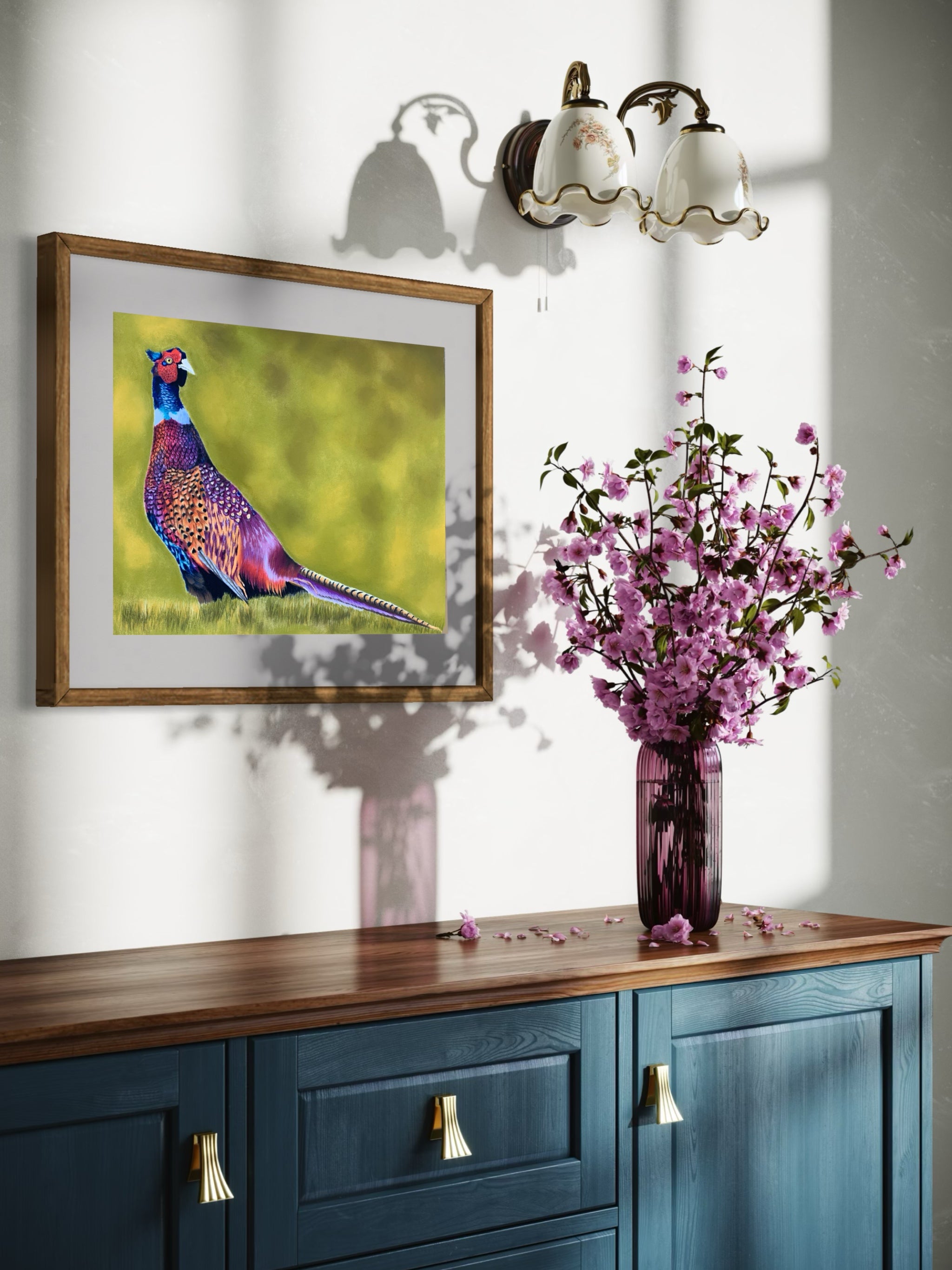 Framed art print of a colourful pheasant against a green woodland inspired background