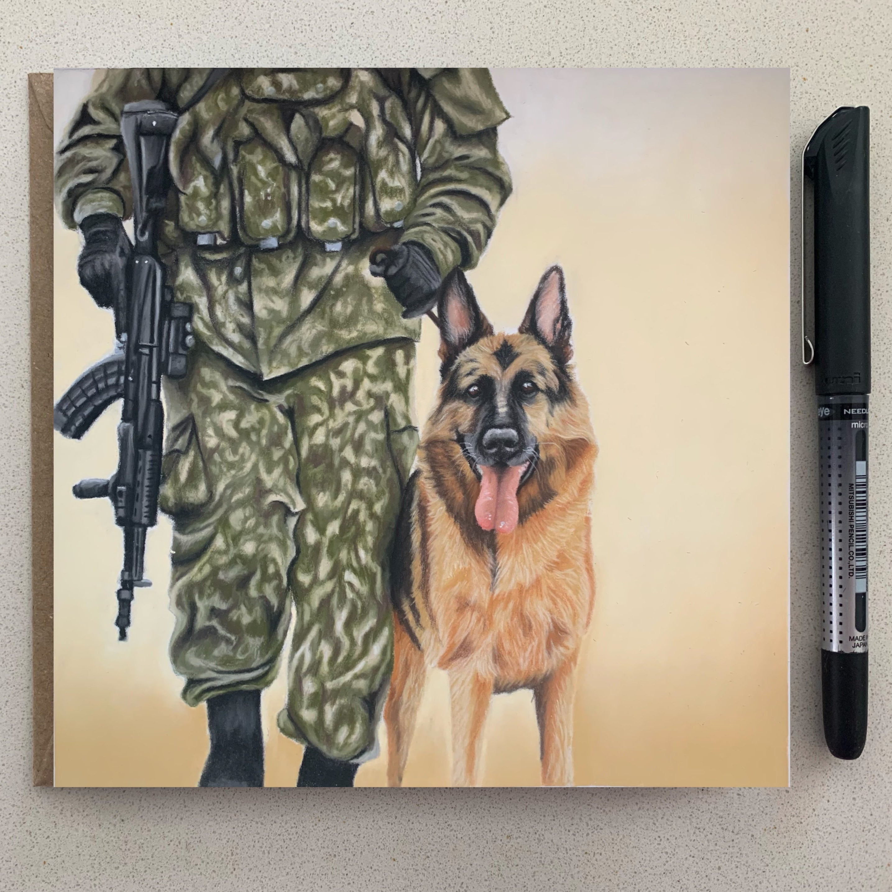 Greeting card with a soldier and German Shepherd on a beige background
