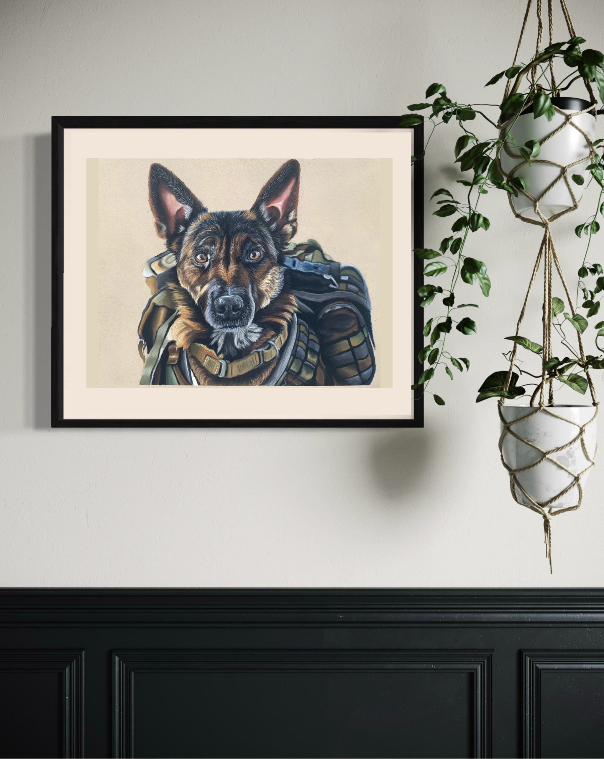 Framed art print of Belgian Malinois in military camouflage gear