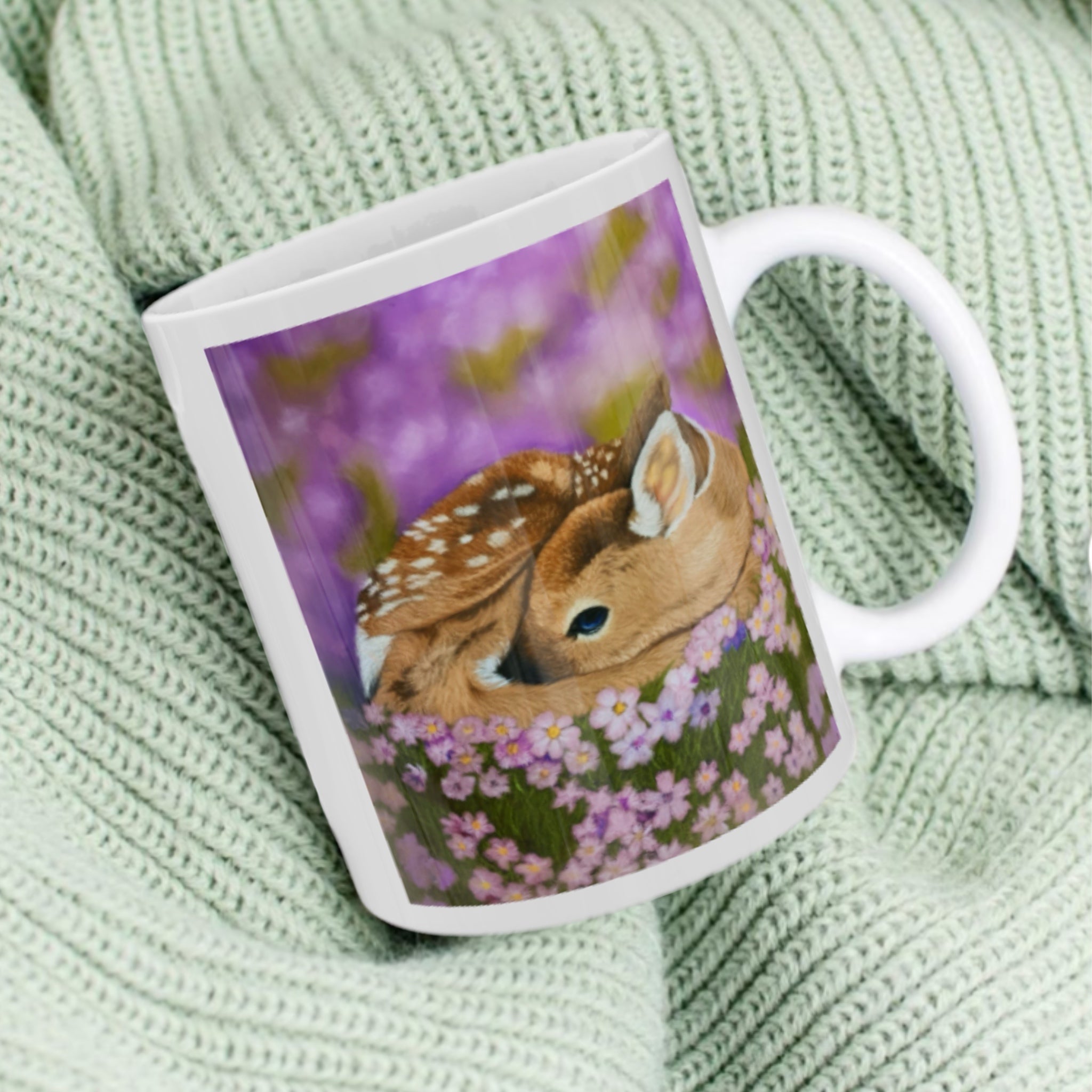 11oz ceramic mug with fawn sleeping in with fawn sleeping in purple wildflowers illustration 