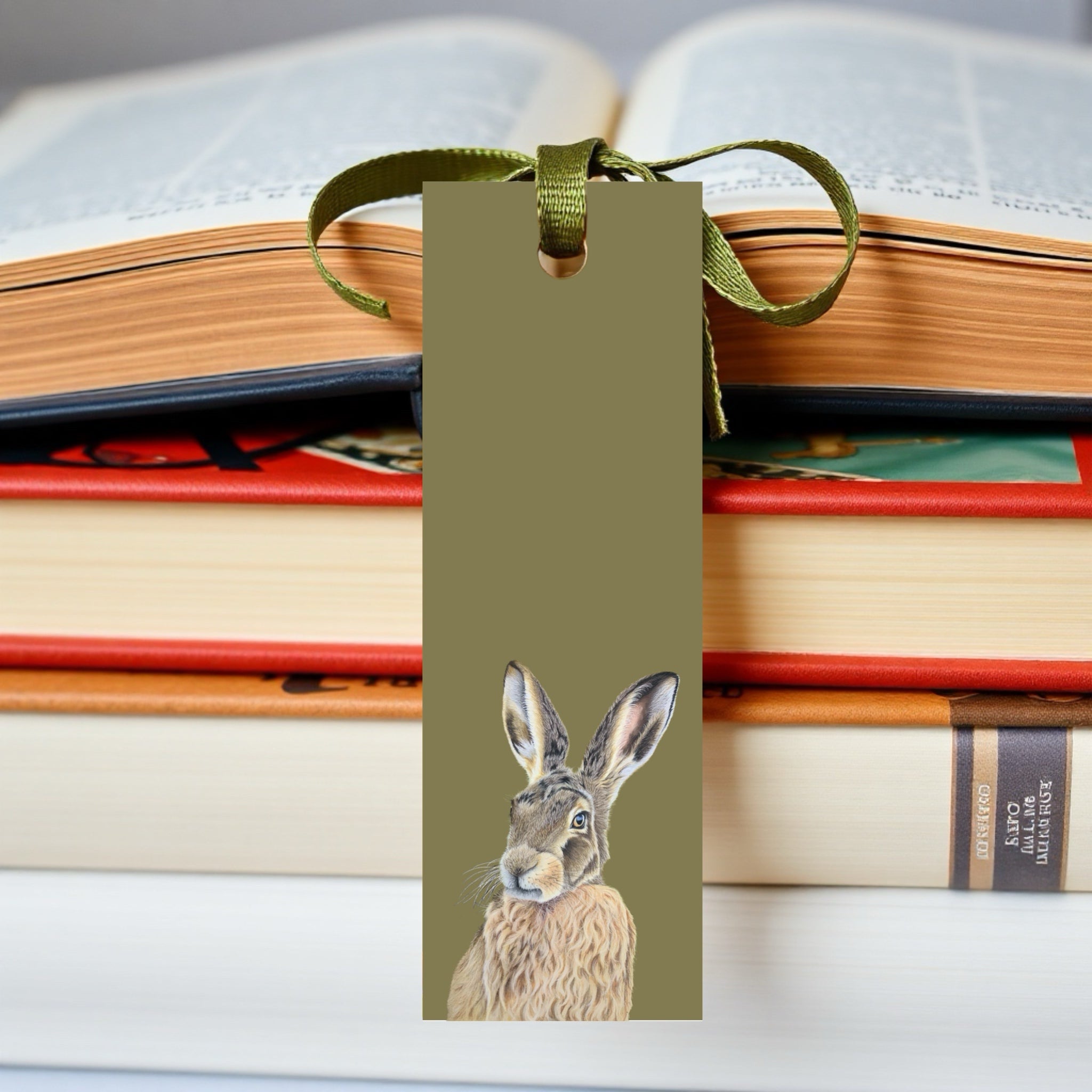 Rustic Bookmark with a rabbit design, sage green background and ribbon