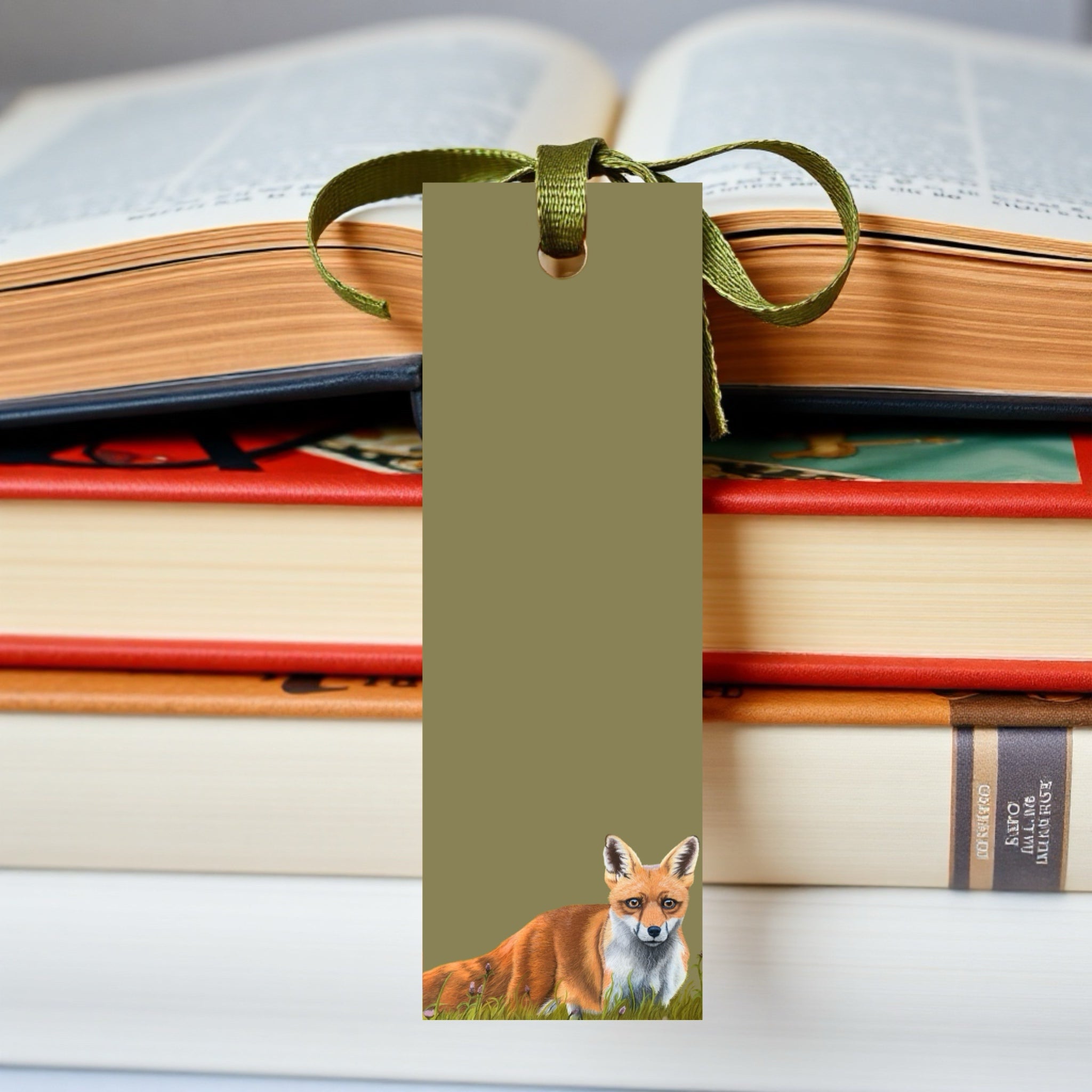 Rustic Bookmark with a fox design, sage green background and ribbon