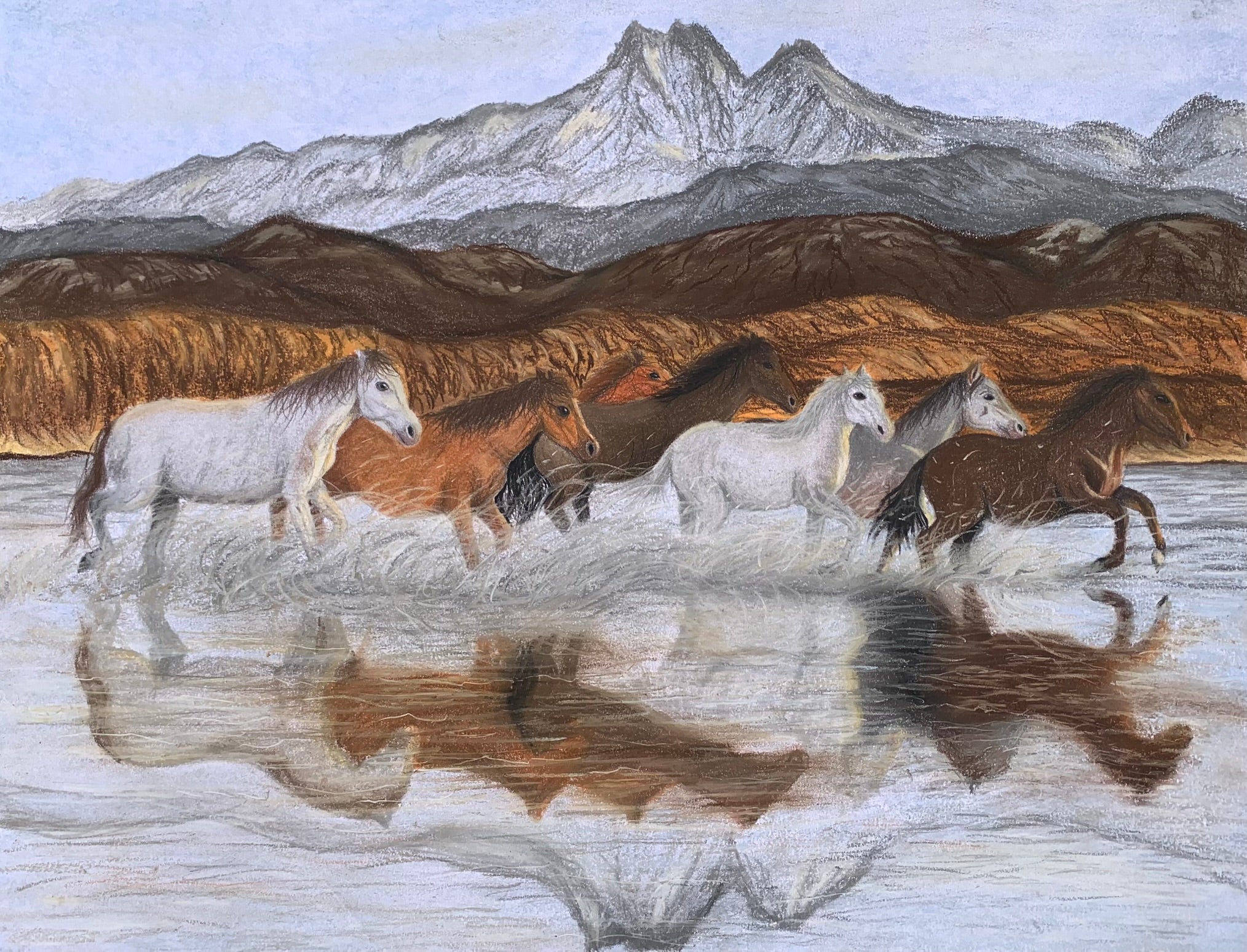 Pastel painting of wild horses running through water with a mountain landscape background