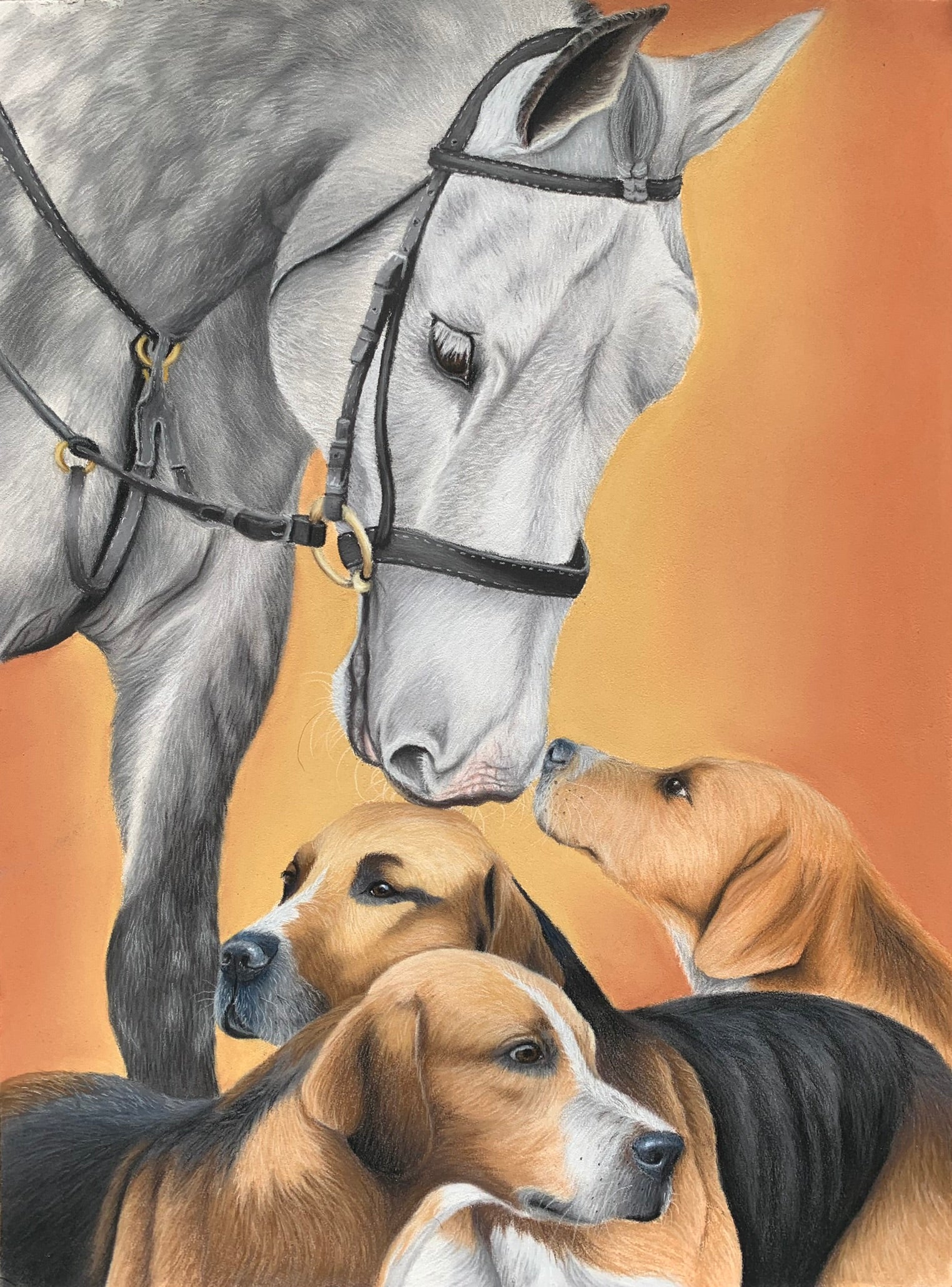 horse and hound dog pastel painting