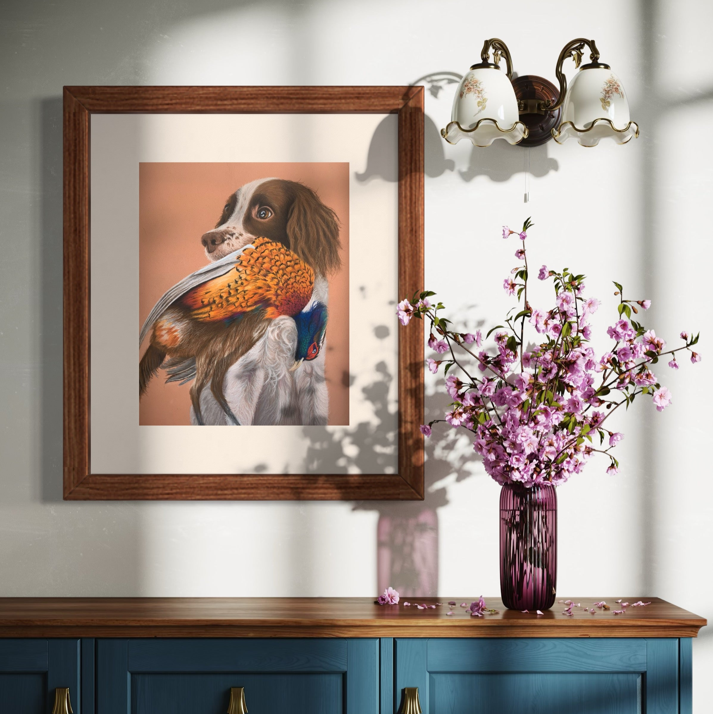 Framed art print of springer spaniel holding a pheasant, field sports drawing