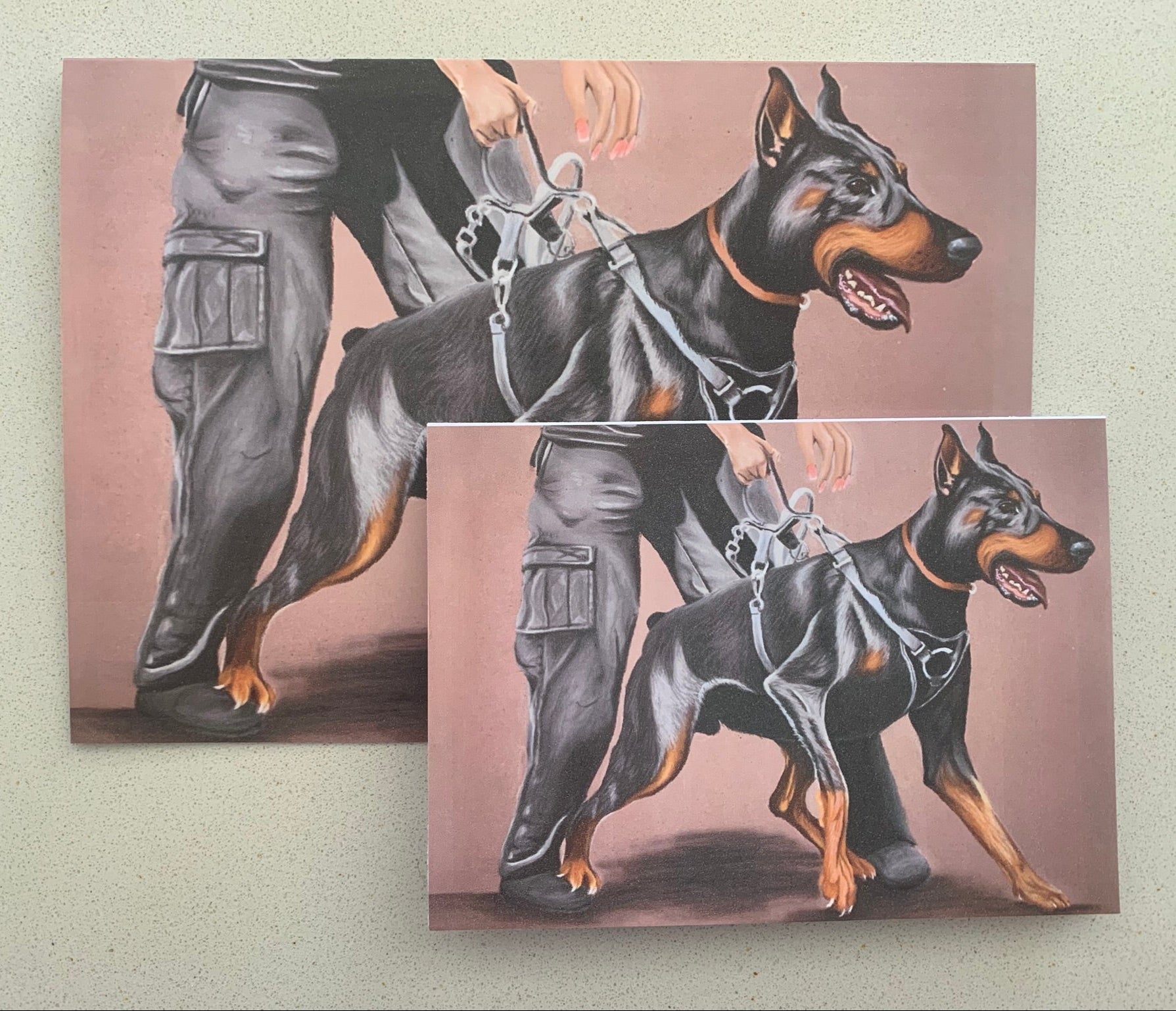 Two cards with an illustration of a female handler holding a Doberman Pinscher on a leash against a pink background.