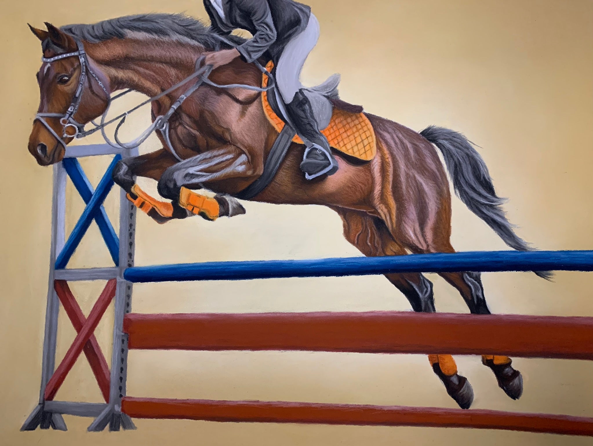 Horse and rider jumping over fence in show jumping pastel artwork